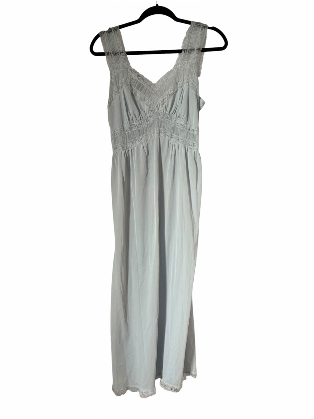 Vintage Lace-Trim Maxi Night Gown Slip Dress Light Blue Sheer